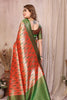 Orange And Green Banarasi Silk Saree with Zari Weaving and Contrast Blouse