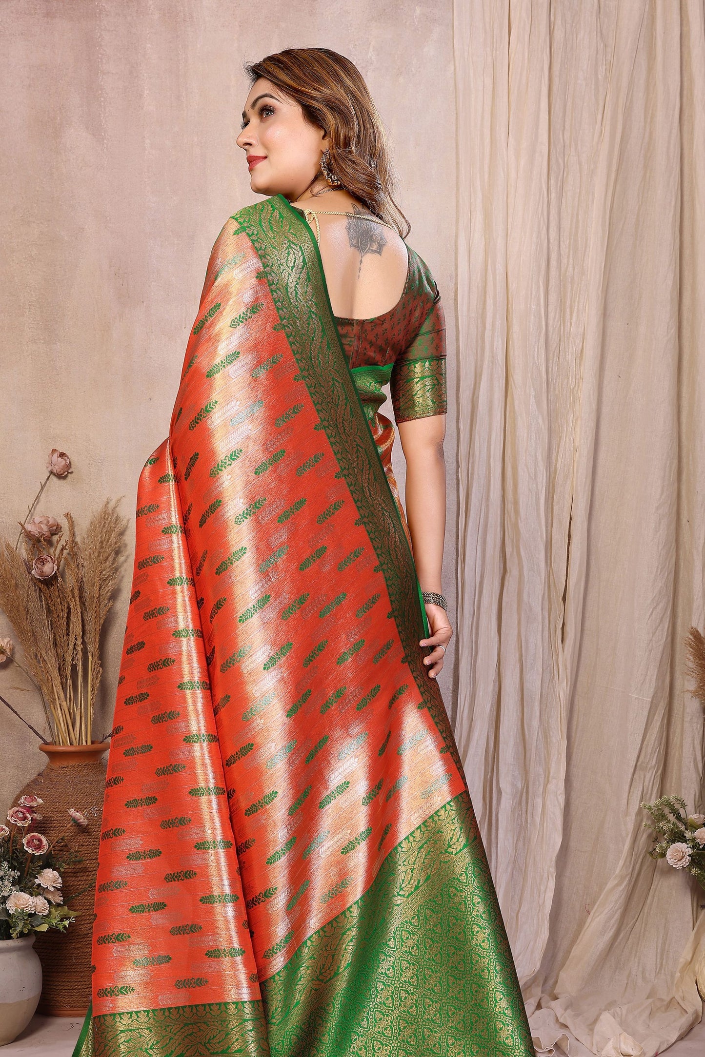 Orange And Green Banarasi Silk Saree with Zari Weaving and Contrast Blouse