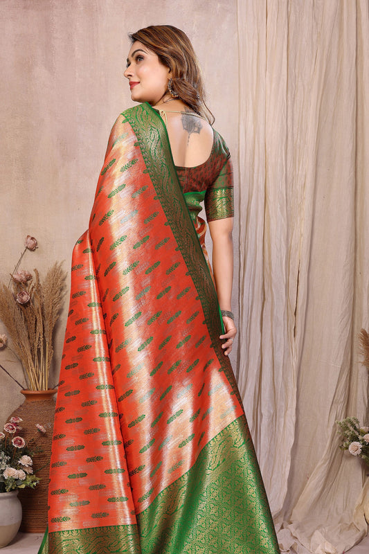 Orange And Green Banarasi Silk Saree with Zari Weaving and Contrast Blouse