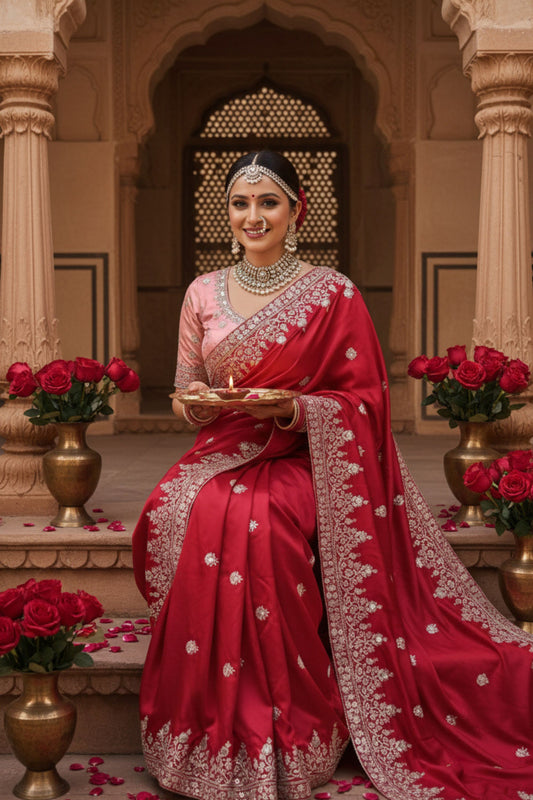 Traditional Red Silk Saree with Blouse Piece Festive Wear