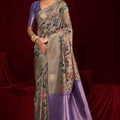 Grey Silk Banarasi Saree with Purple Contrast Border