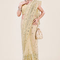 Cream Gold Net Saree Heavy Sequins Embroidery Work Designer Blouse