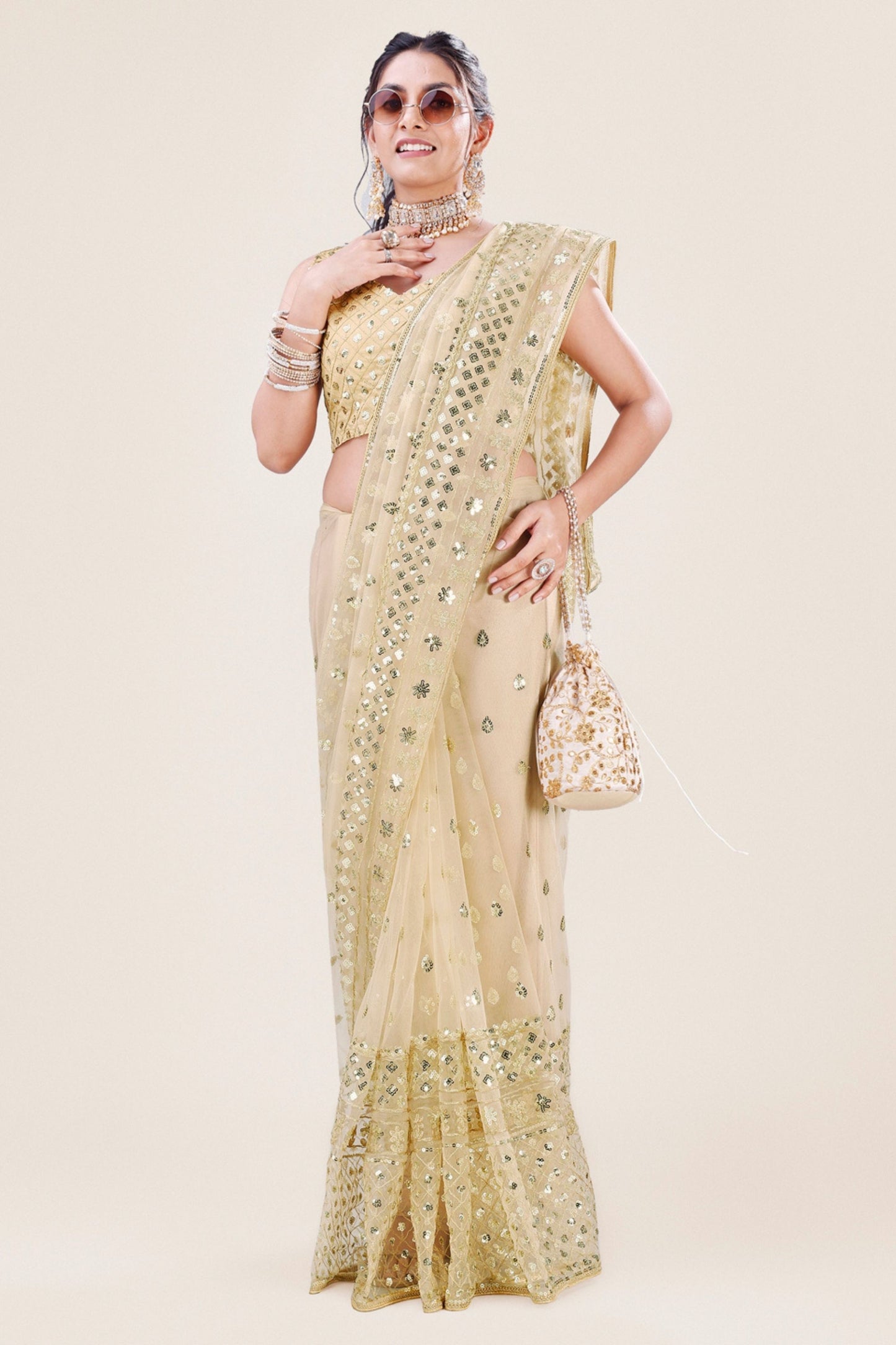 Cream Gold Net Saree Heavy Sequins Embroidery Work Designer Blouse