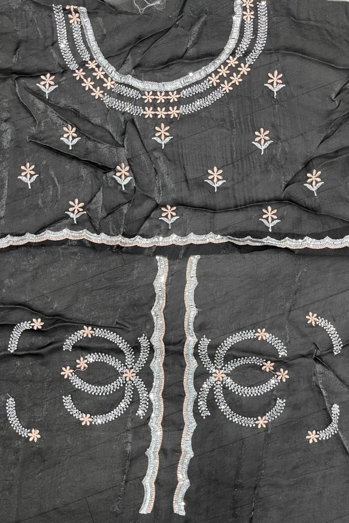 Silver Grey Tissue Silk Saree Black Embroidered Sequin Designer Blouse