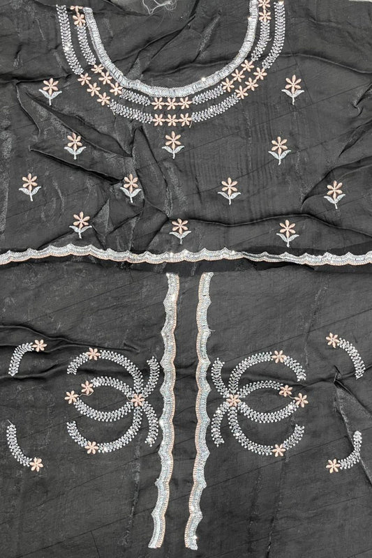 Silver Grey Tissue Silk Saree Black Embroidered Sequin Designer Blouse
