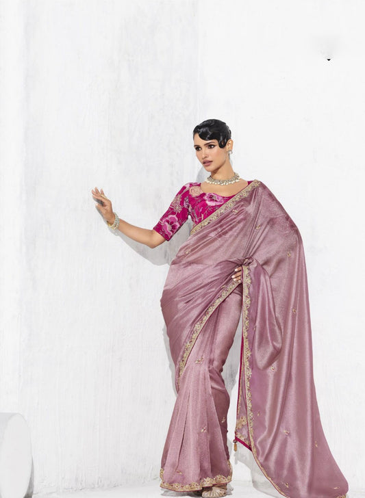Elegant Mauve Silk Saree with Golden Pink Blouse Party Wear