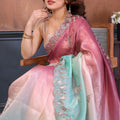 Pink and Aqua Blue Embroidered Organza Silk Saree Designer Border