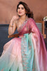 Pink and Aqua Blue Embroidered Organza Silk Saree Designer Border