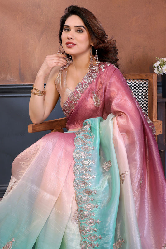Pink and Aqua Blue Embroidered Organza Silk Saree Designer Border