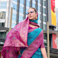 Teal Blue Banarasi Patola Silk Saree with Pink Zari Border Pallu
