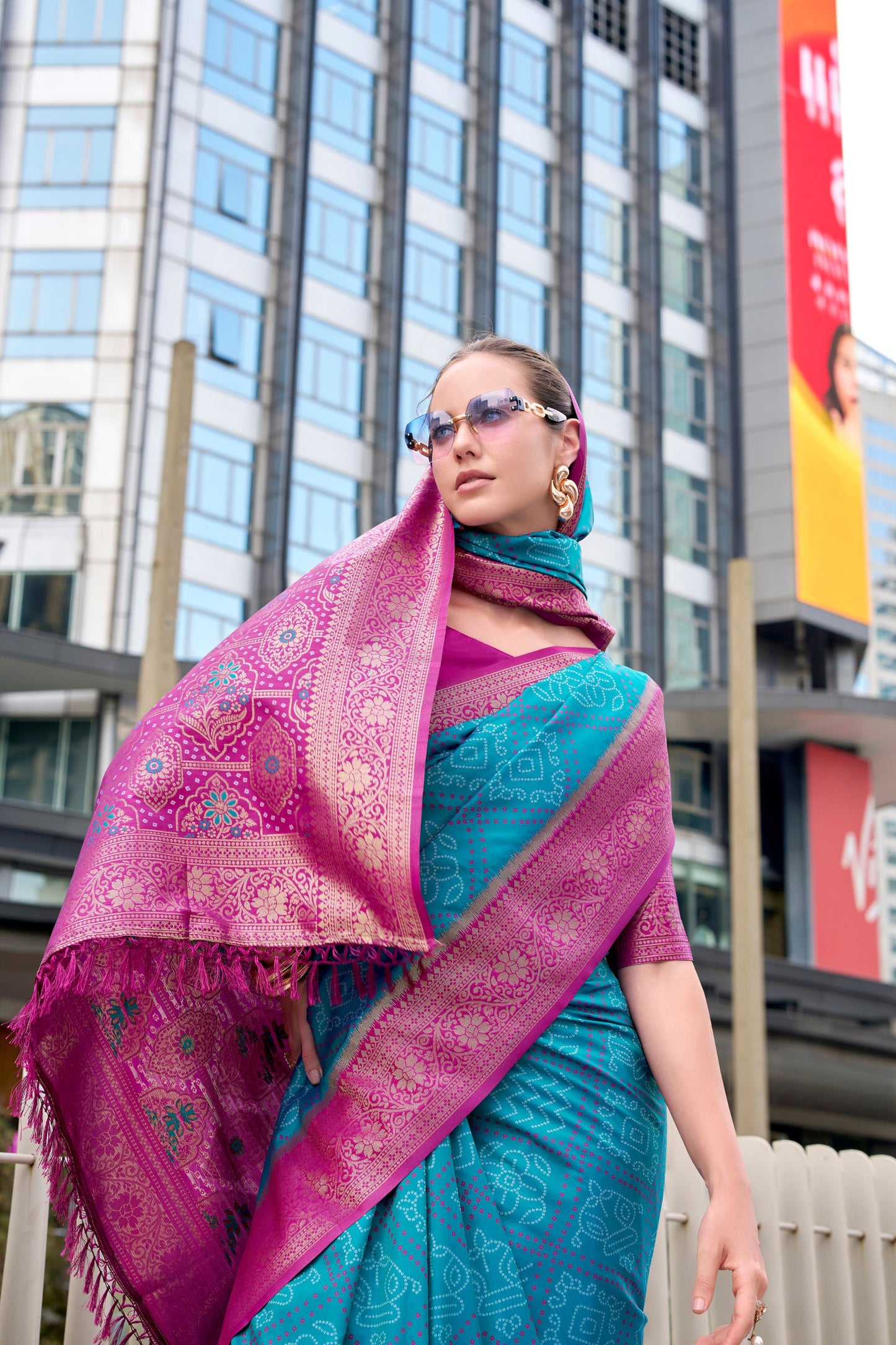 Teal Blue Banarasi Patola Silk Saree with Pink Zari Border Pallu