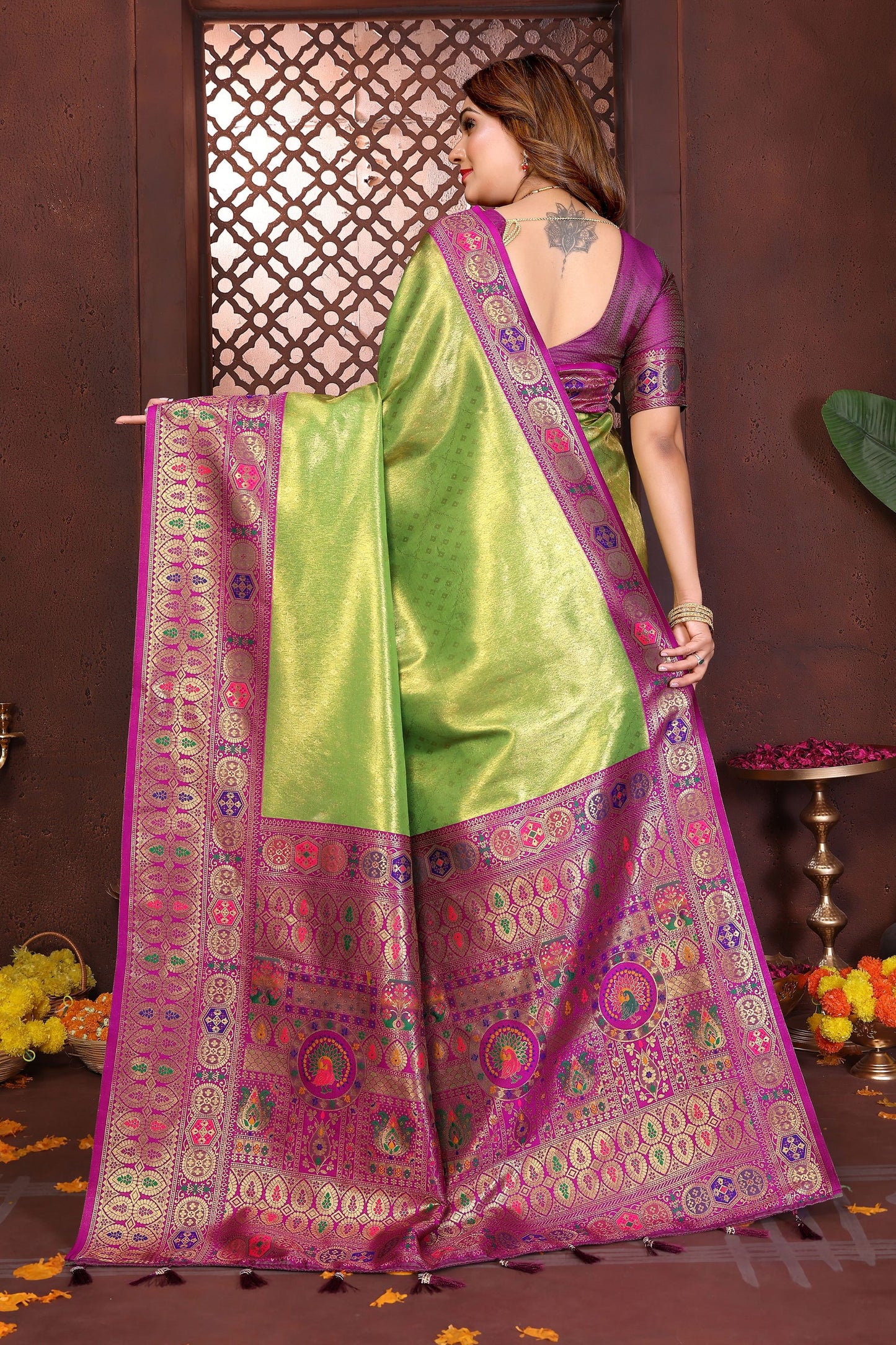 Green And Purple Banarasi Silk Rich Zari Saree Festive Wear
