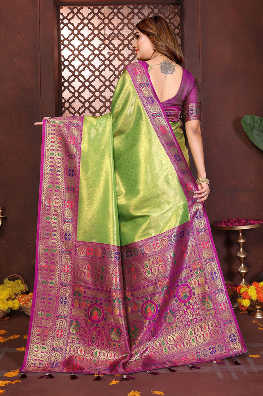 Green And Purple Banarasi Silk Rich Zari Saree Festive Wear