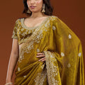 Olive Green Designer Embroidered Saree with Heavy Matching Blouse