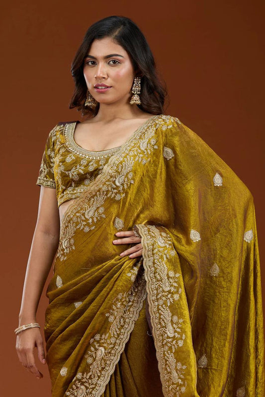 Olive Green Designer Embroidered Saree with Heavy Matching Blouse