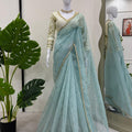 Sky Blue Organza Silk Saree Sequin Embroidered Designer Blouse