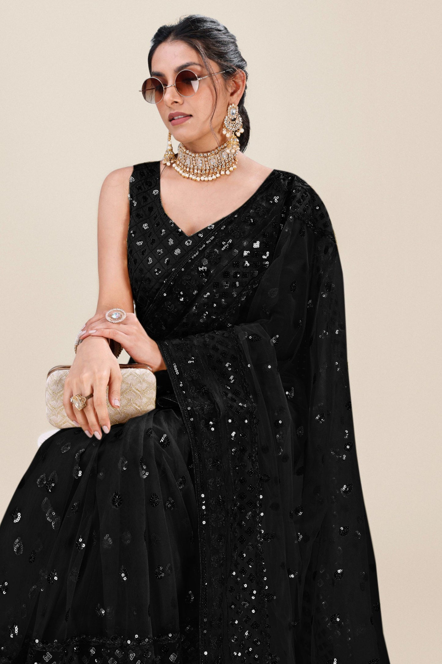 Black Net Saree with Heavy Sequins Embroidery Designer Blouse