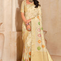 Cream Banarasi Silk Saree Gold Zari Border Multicolor Floral Butti 