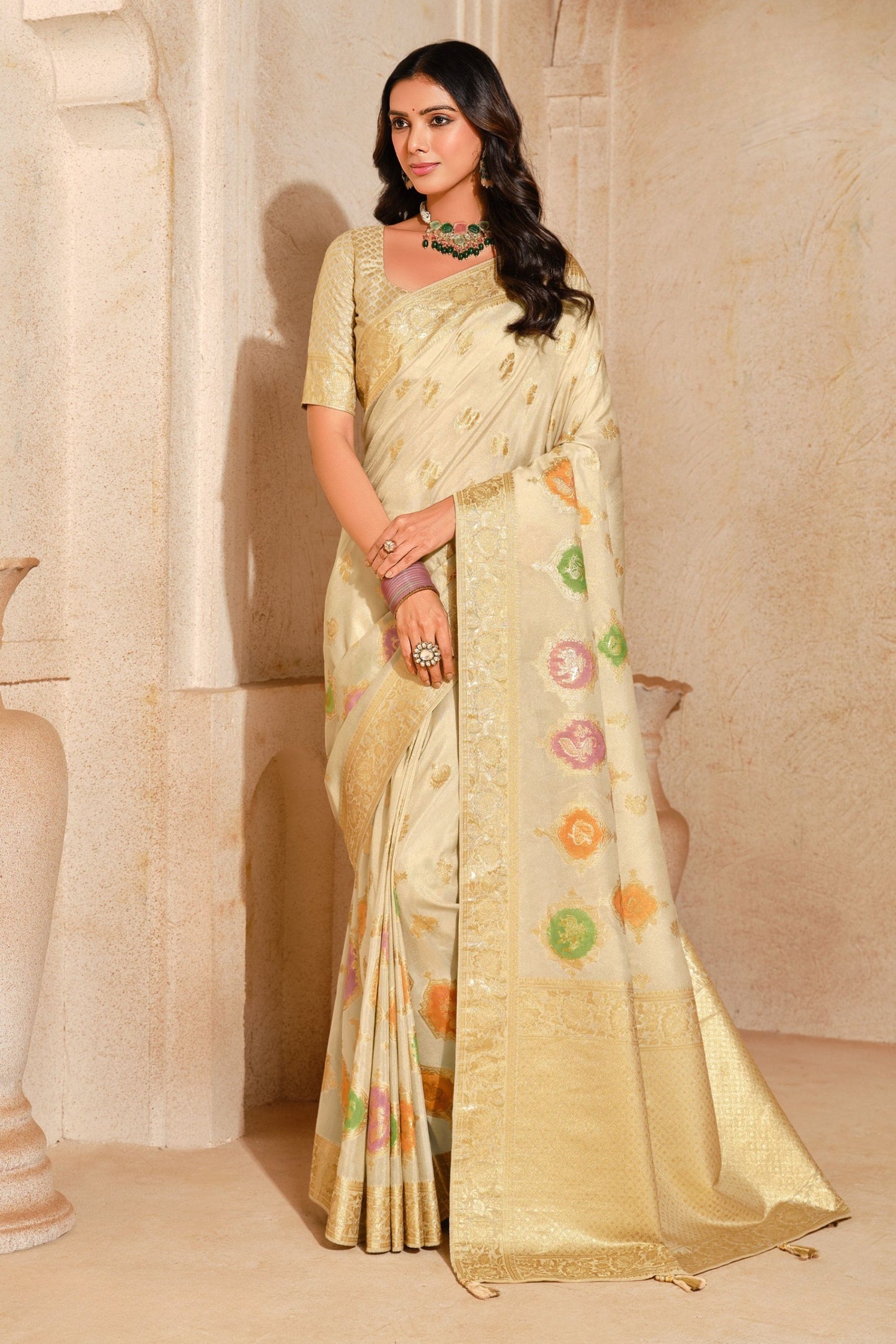 Cream Banarasi Silk Saree Gold Zari Border Multicolor Floral Butti 