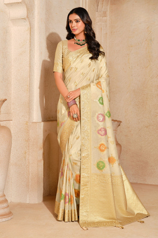 Cream Banarasi Silk Saree Gold Zari Border Multicolor Floral Butti 