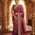 Luxury Purple Banarasi Silk Saree with Heavy Floral Embroidered Border