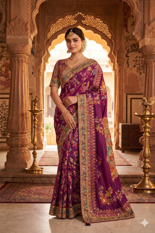 Luxury Purple Banarasi Silk Saree with Heavy Floral Embroidered Border