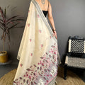 Off White Linen Cotton Saree Floral Hand Block Print Border