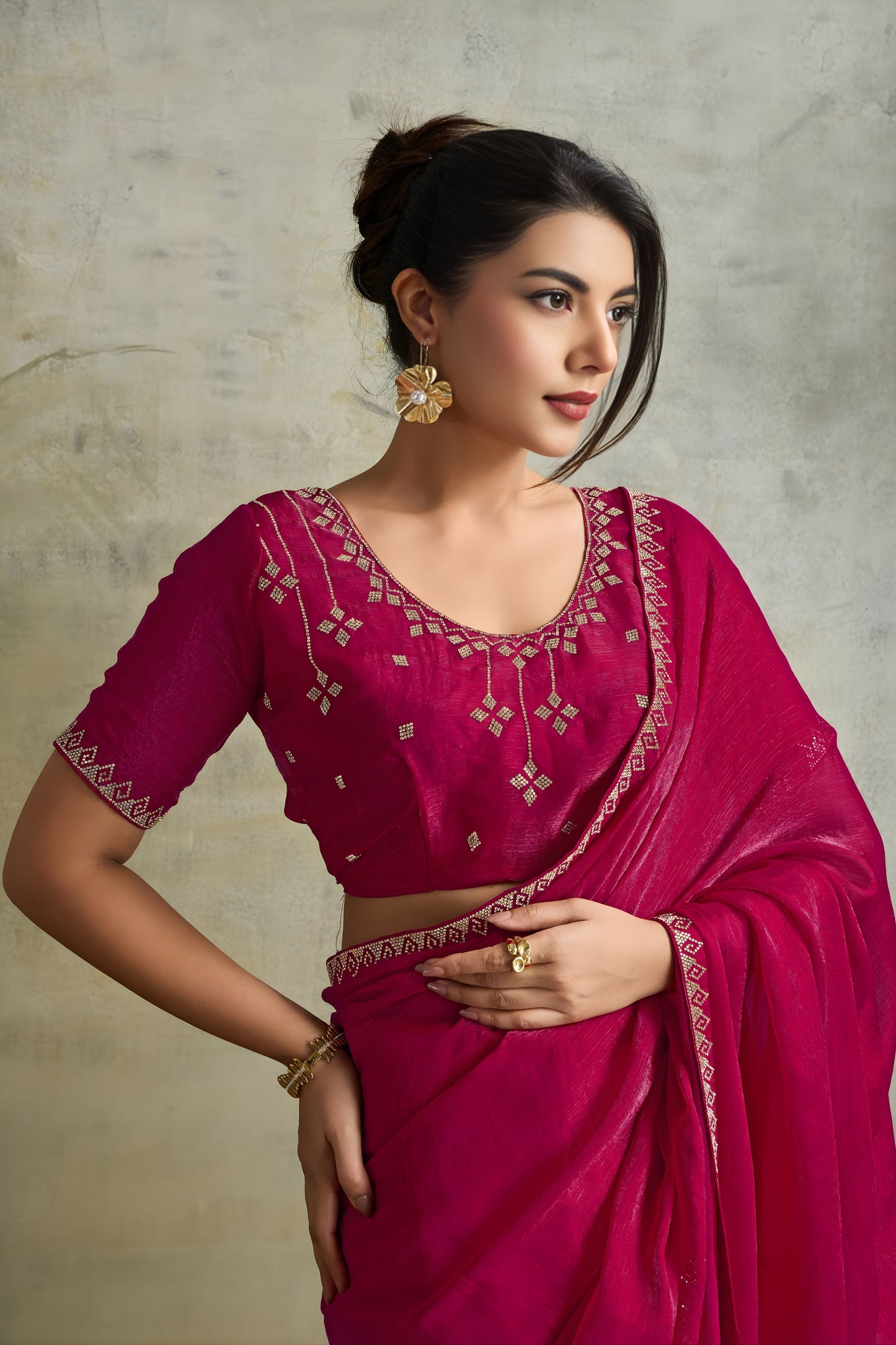 Rani Pink Chiffon Saree with Zari Border Designer Party Wear Saree