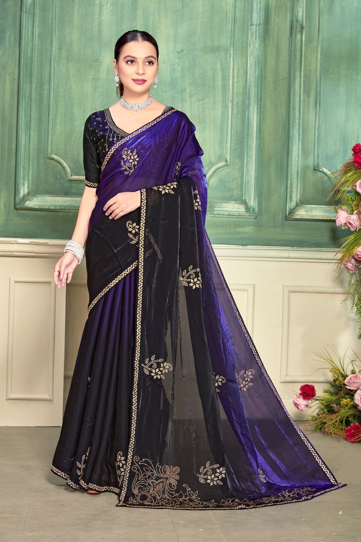  Purple Black Velvet Embroidered Saree with Designer Blouse
