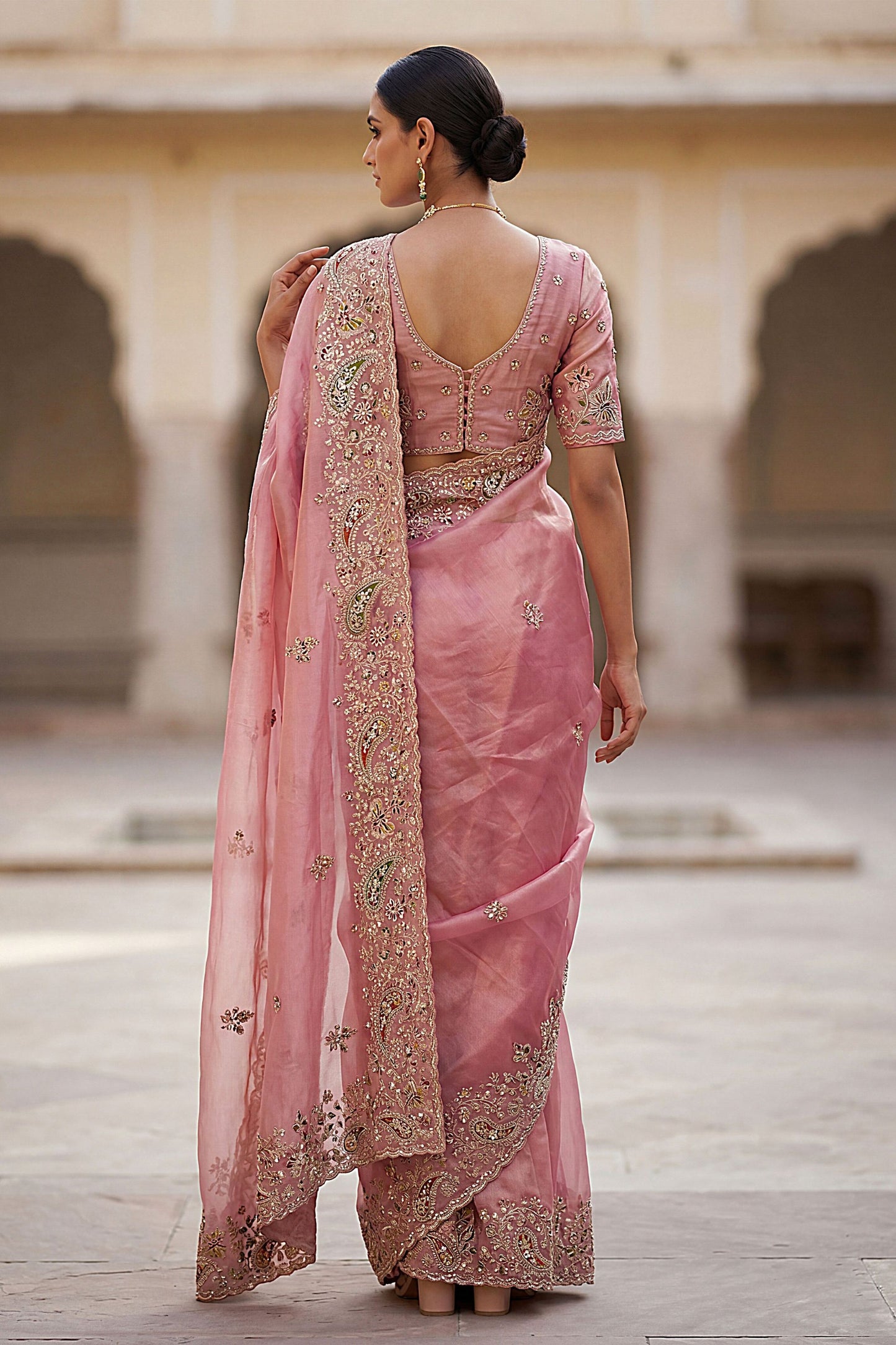 Pink Organza Silk Saree with Heavy Embroidery Designer Border