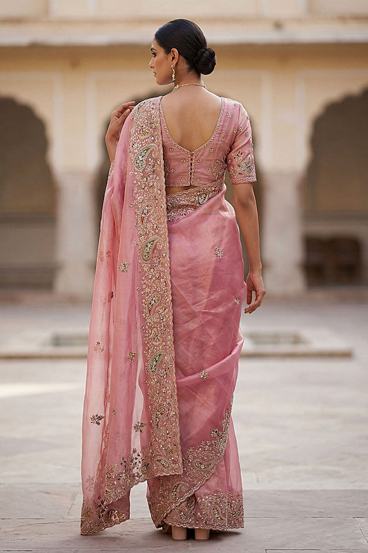 Pink Organza Silk Saree with Heavy Embroidery Designer Border