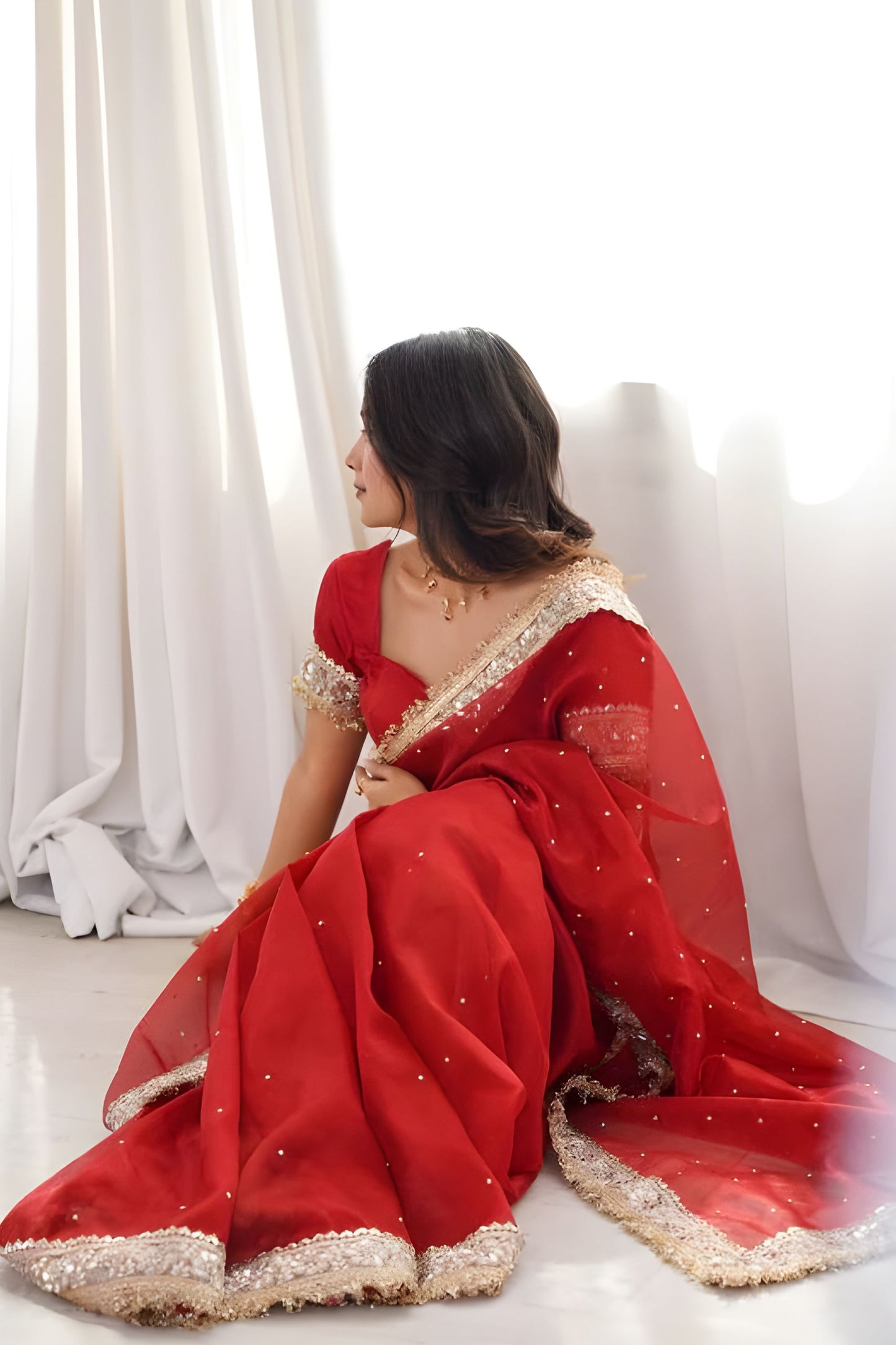 Designer Red Georgette Saree with Heavy Embroidery Sequin Work
