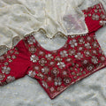 Off White Georgette Saree Golden Butti Designer Red Embroidered Blouse