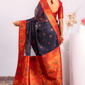 Navy Blue Paithani Silk Saree Red Zari Border Traditional Saree