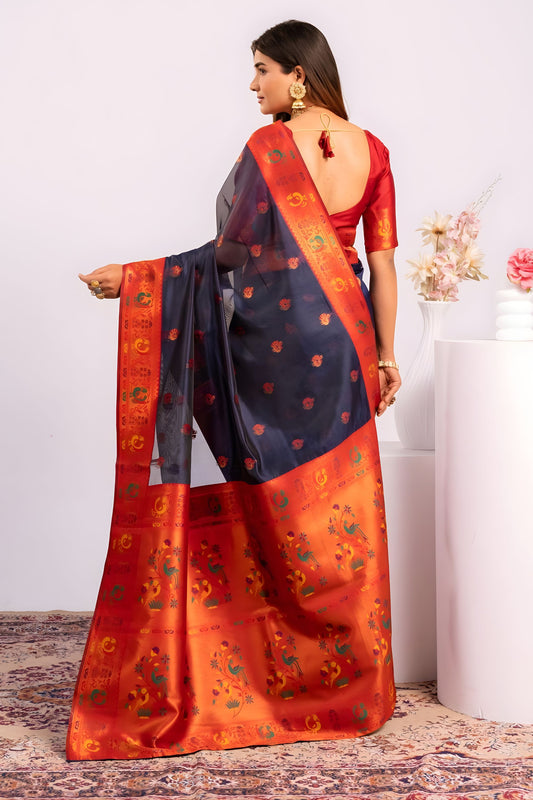 Navy Blue Paithani Silk Saree Red Zari Border Traditional Saree