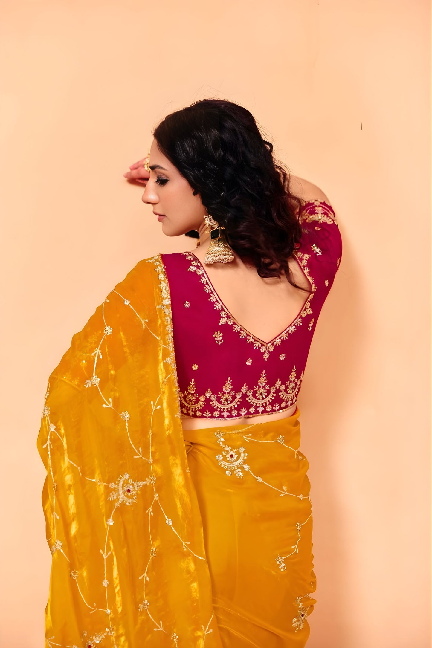 Designer Mustard Yellow Embroidered Saree Sequence Work