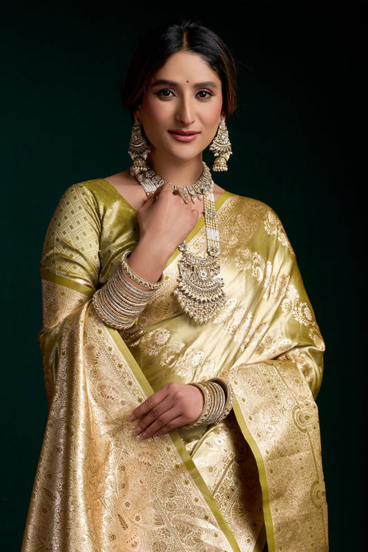 Olive Green Banarasi Silk Saree Heavy Gold Zari Weaving Rich Pallu