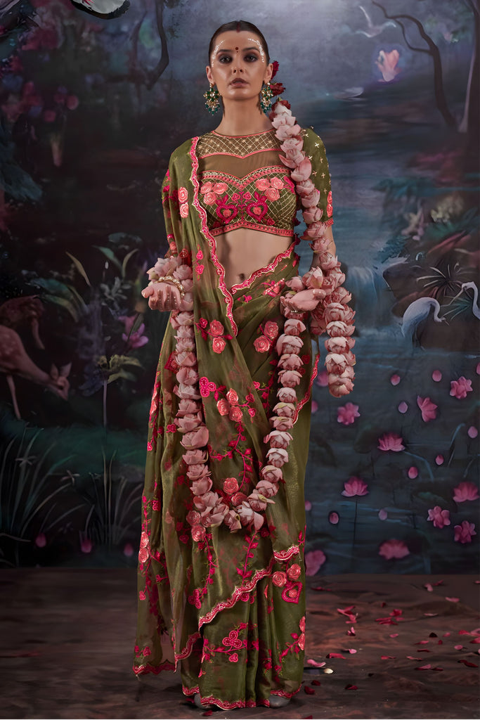 Designer Olive Green Floral Embroidered Saree with Stylish Blouse 