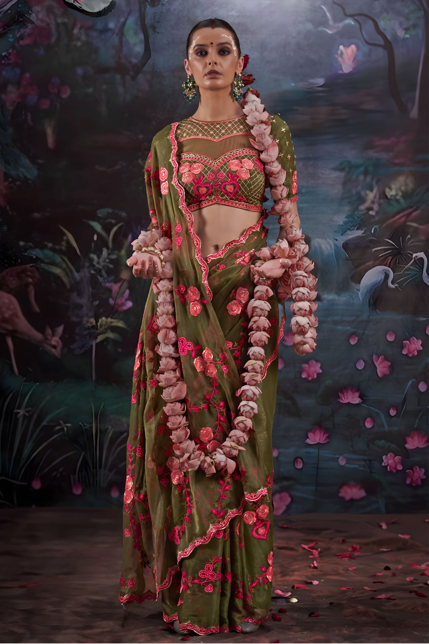 Designer Olive Green Floral Embroidered Saree with Stylish Blouse 