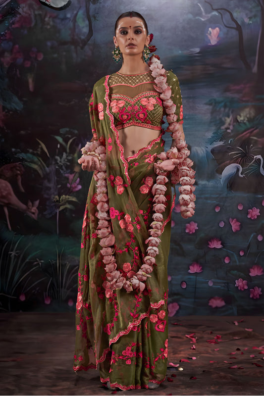 Designer Olive Green Floral Embroidered Saree with Stylish Blouse 