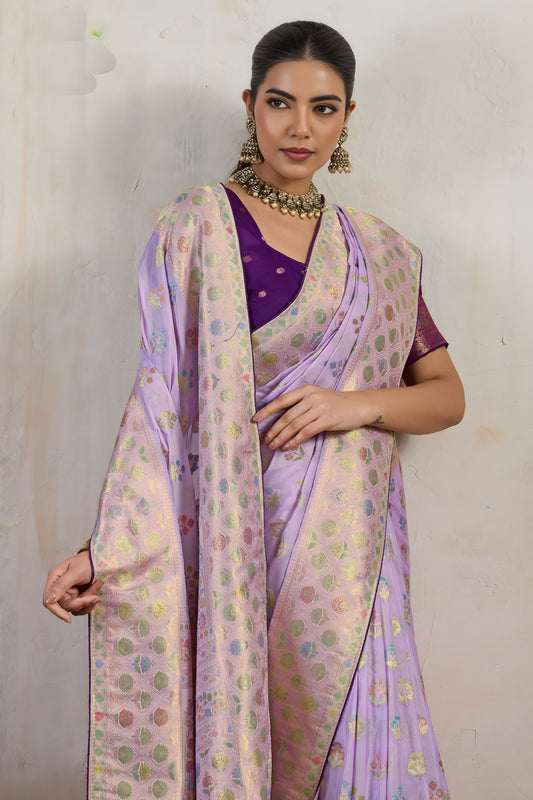 Lavender Banarasi Silk Saree Multicolor Zari Buti Weaving Rich Pallu