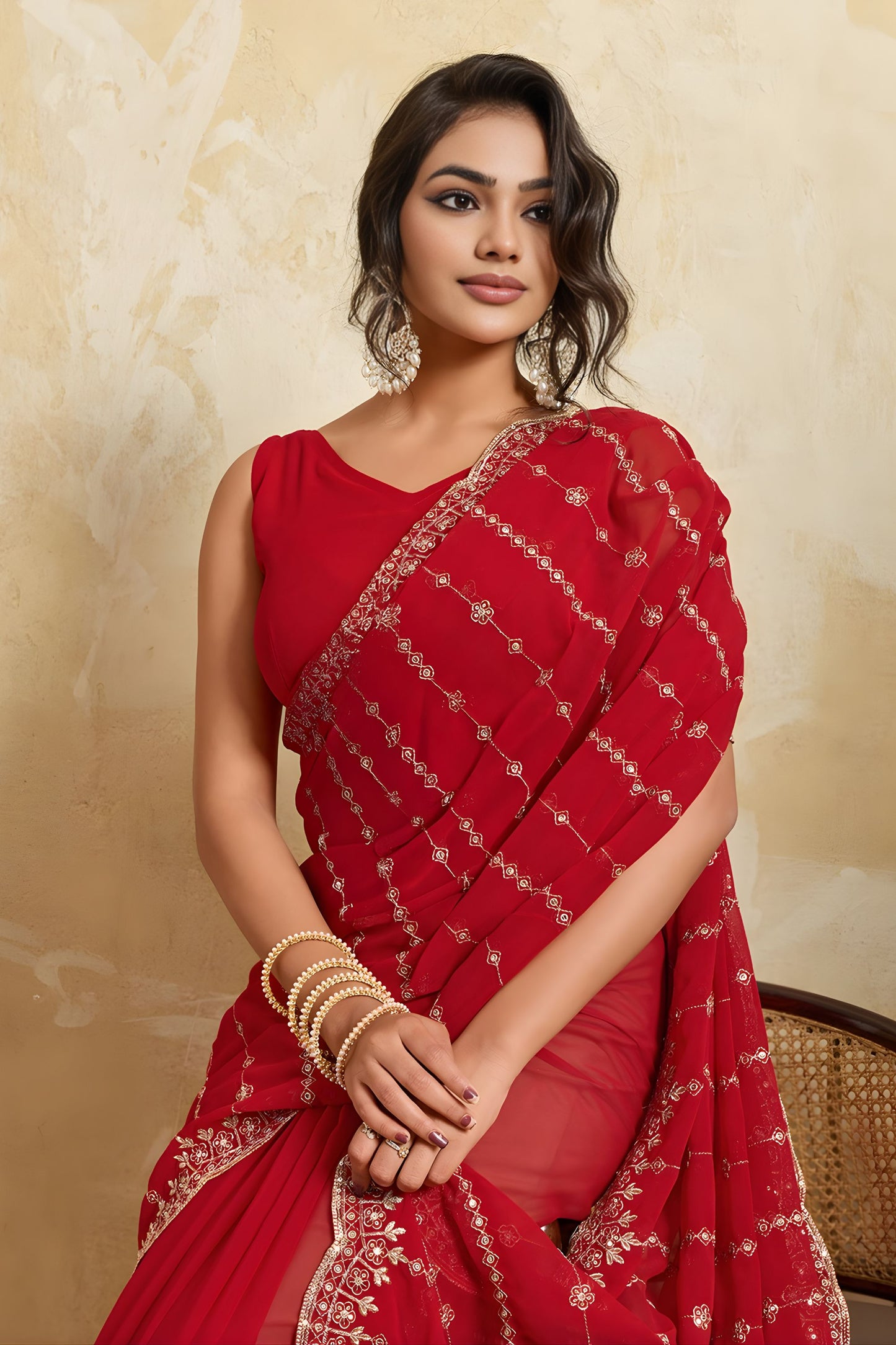 Red Designer Saree Heavy Embroidery Border Sequins Georgette Saree