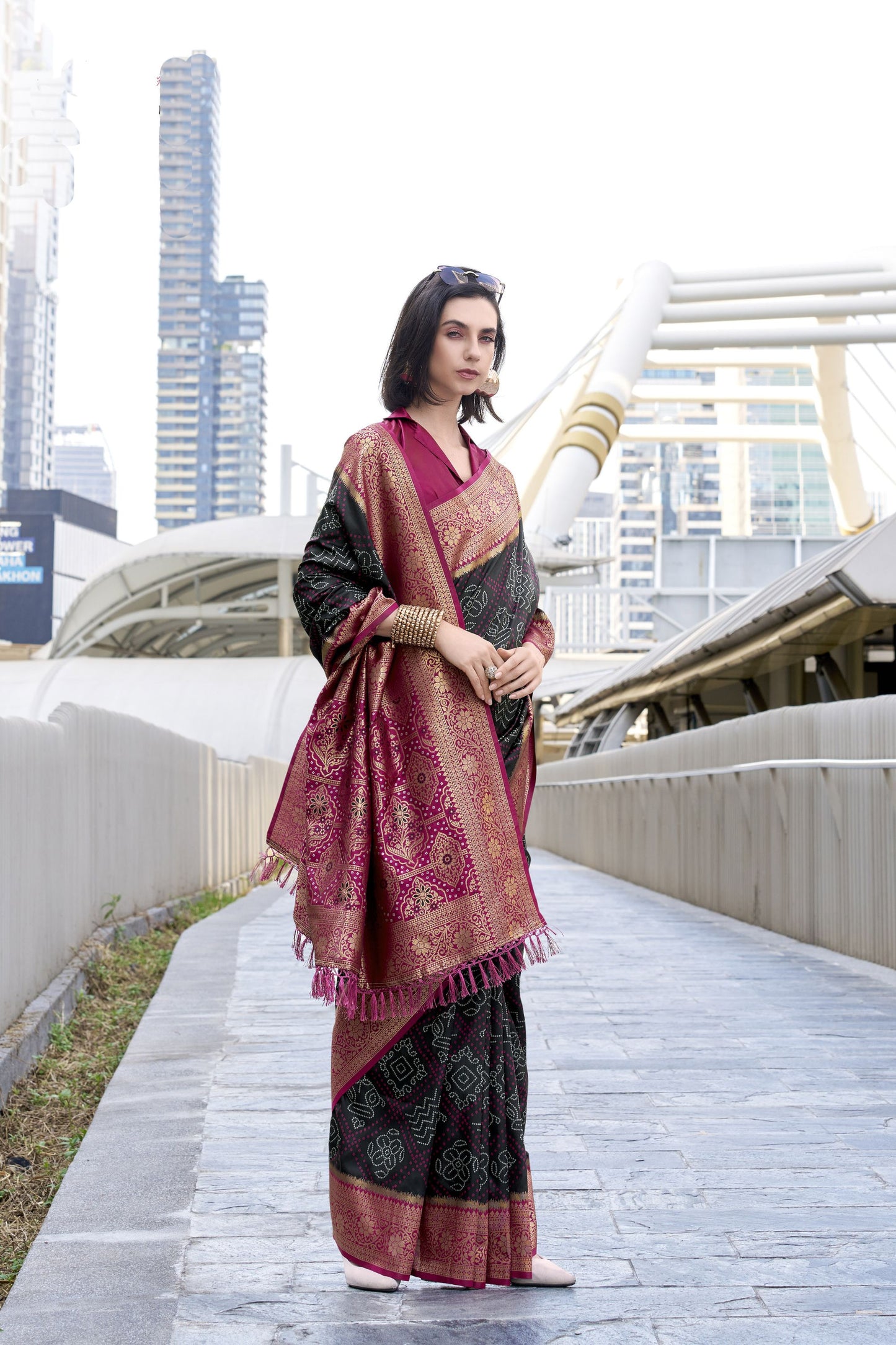 Black And Magenta Patola Print Banarasi Silk Saree with Zari Border