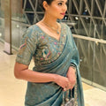 Premium Teal Blue Organza Silk Saree Embroidered Floral Border