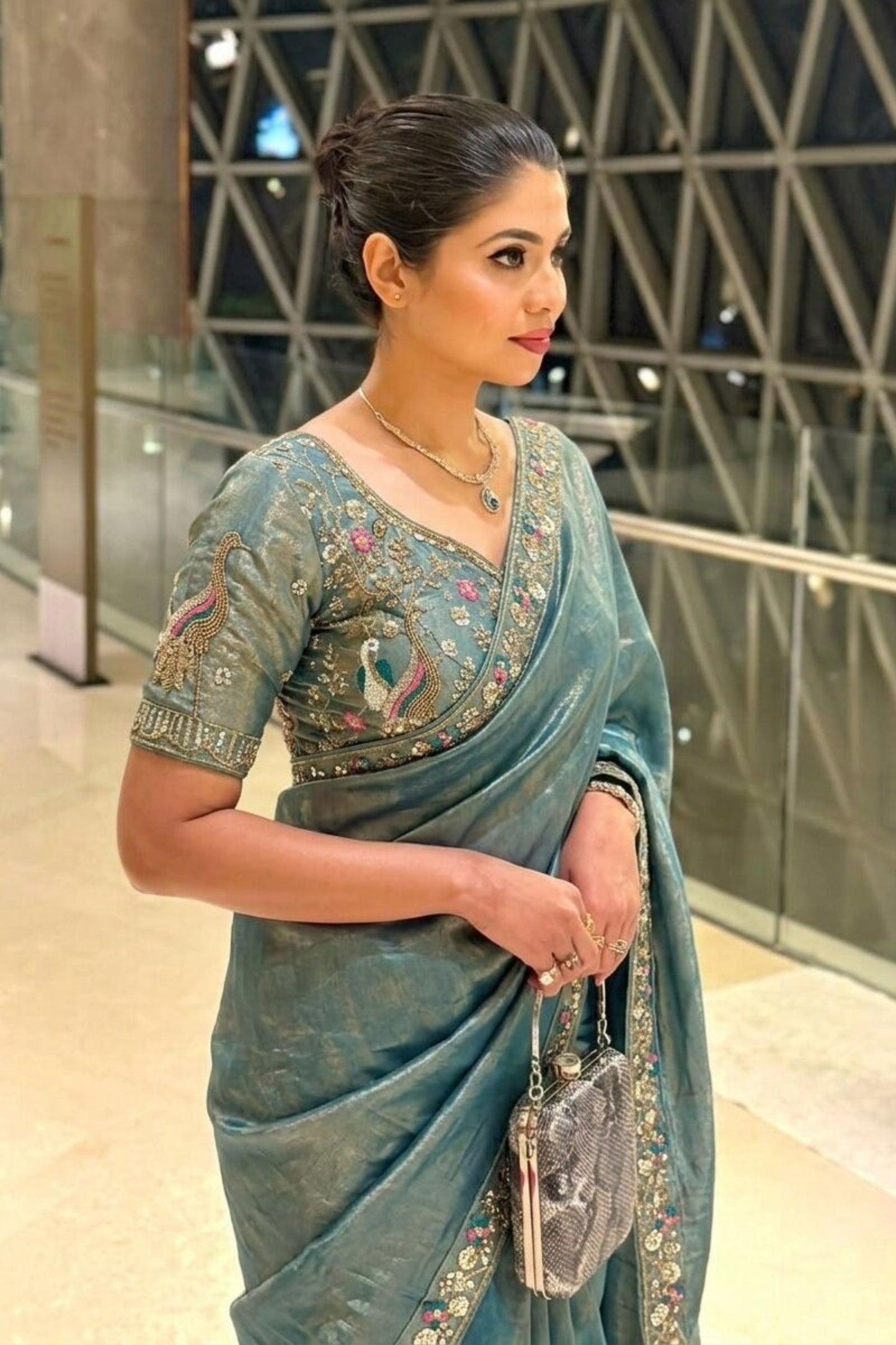 Premium Teal Blue Organza Silk Saree Embroidered Floral Border