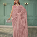 Designer Dusty Pink Net Embroidered Saree with Matching Blouse for Wedding Party Wear