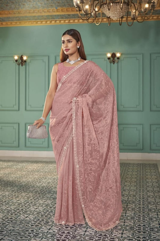 Designer Dusty Pink Net Embroidered Saree with Matching Blouse for Wedding Party Wear