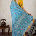 Sky Blue Banarasi Silk Saree Rich Zari Floral Contrast Yellow Blouse