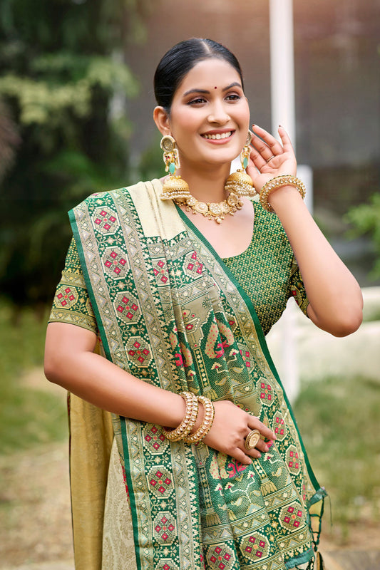 Golden Beige Silk Saree Green Woven Border Traditional Banarasi Pallu