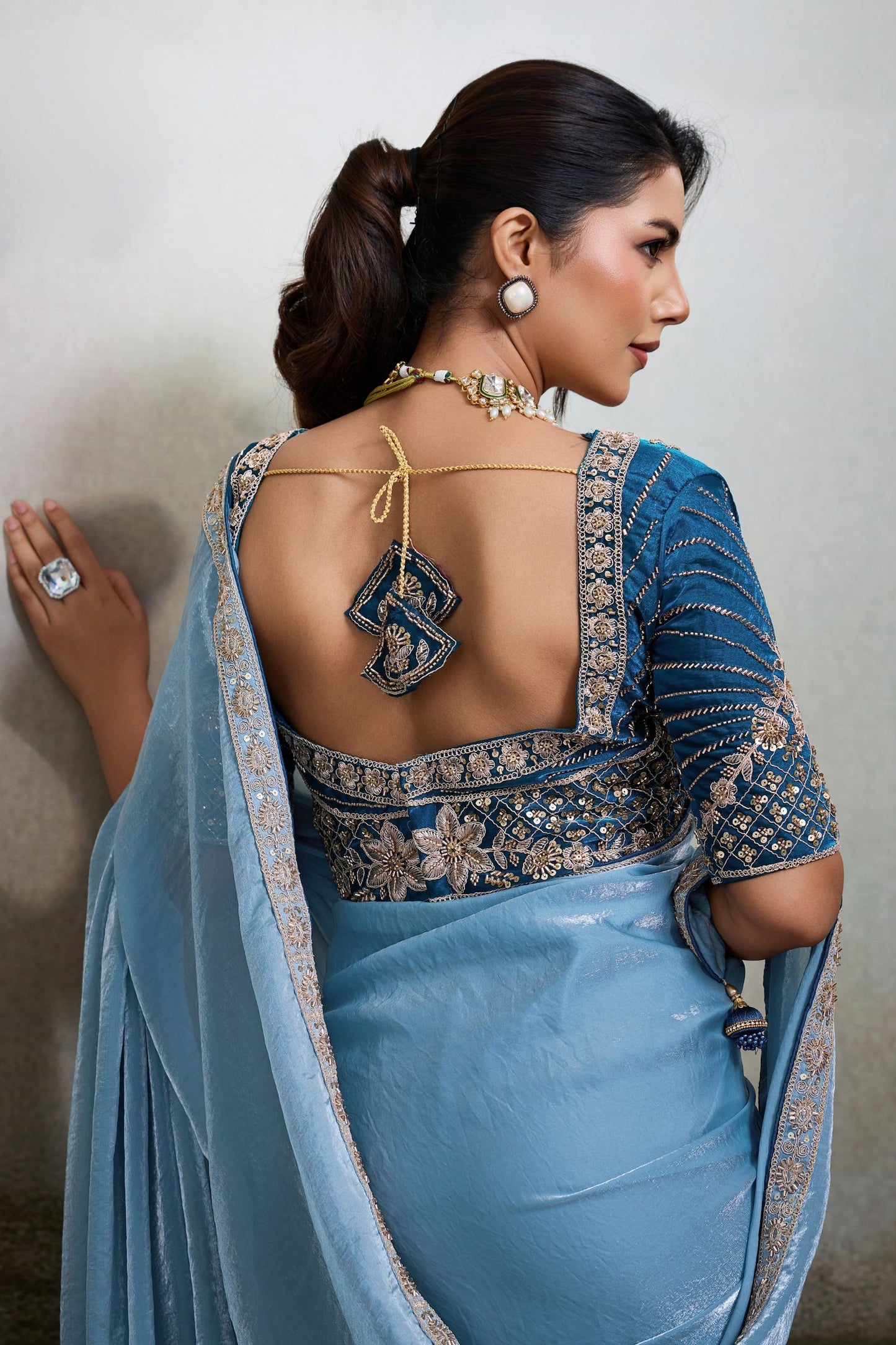 Light Blue Soft Silk Saree with Designer Embroidered Blouse Zari Border